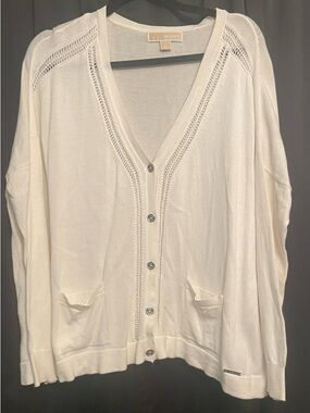 Michael Kors White V-Neck Button Cardigan Sweater Size Large